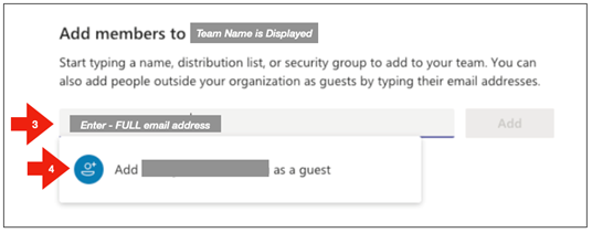 Microsoft Teams window with field to enter member's email address