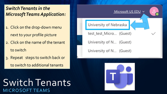 Microsoft Teams screenshot on how to switch tenants